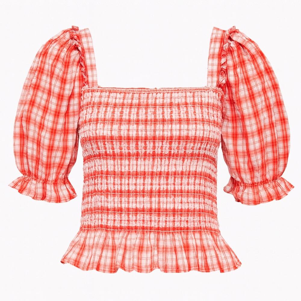 English Factory Red Plaid Check Puff Sleeve Smock Top Size M